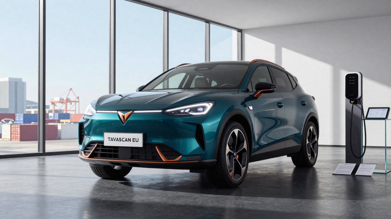Carro elétrico azul-escuro estacionado em showroom moderno próximo a estação de recarga.