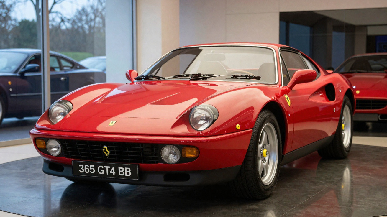Carro esportivo Ferrari 365 GT4 BB vermelho estacionado em showroom com piso de cimento.