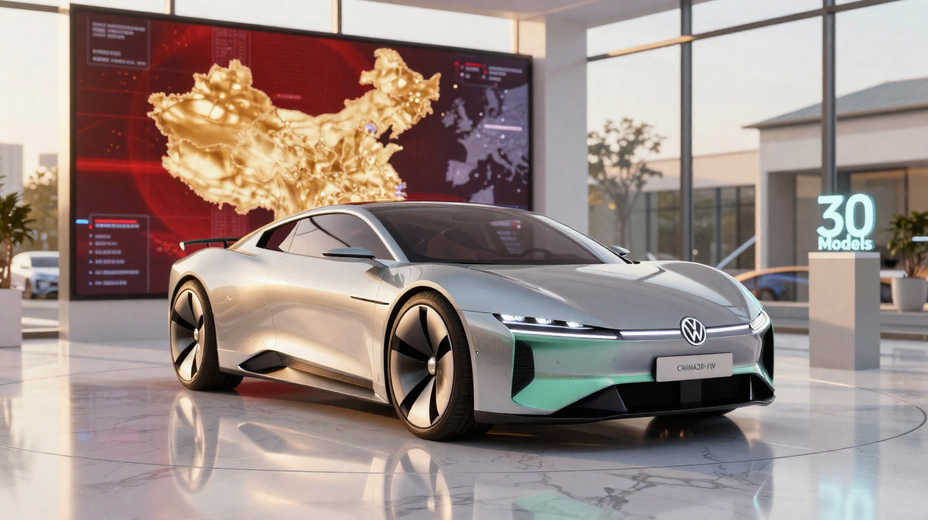 Carro esportivo elétrico Volkswagen prata exibido em showroom moderno com tela digital ao fundo.