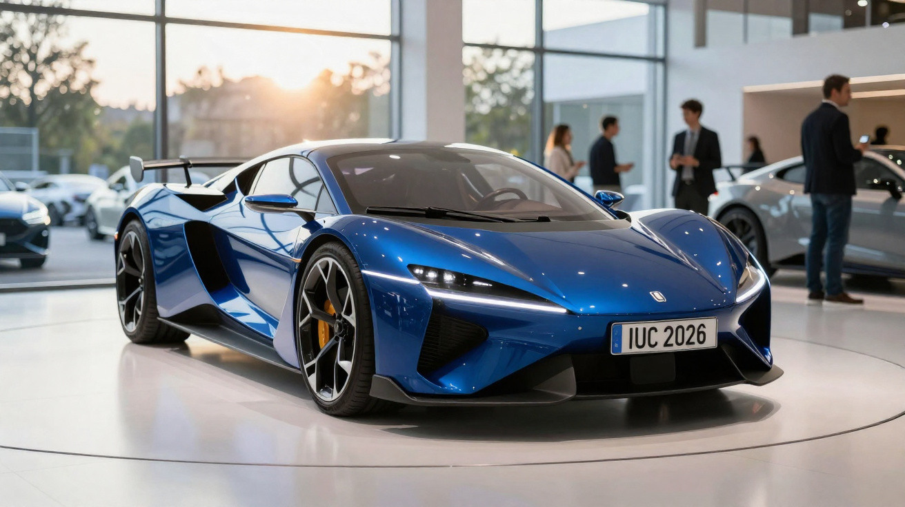 Carro esportivo azul em exibição dentro de showroom moderno com pessoas ao fundo.