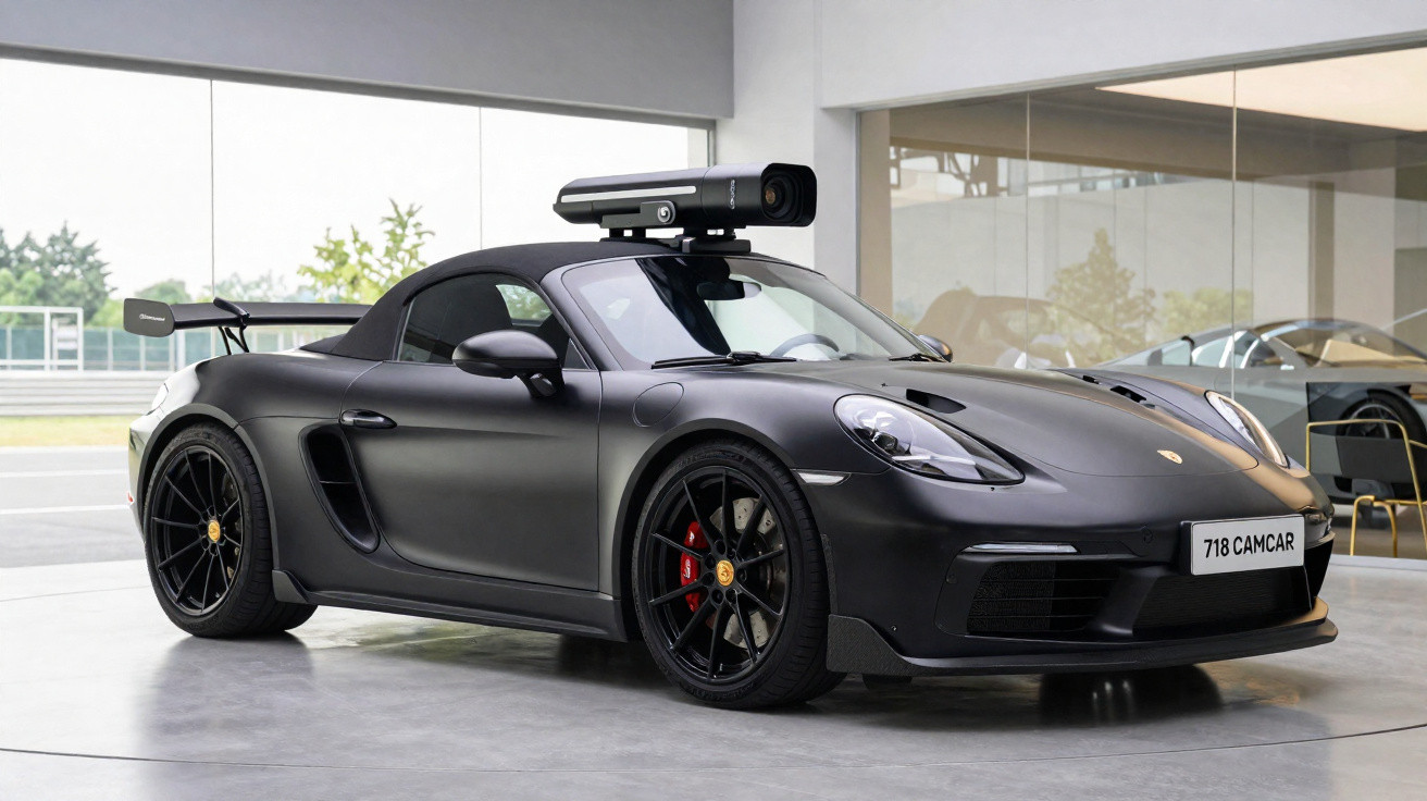 Carro esportivo preto Porsche 718 com spoiler traseiro e equipamento preto fixado no teto, em showroom moderno.