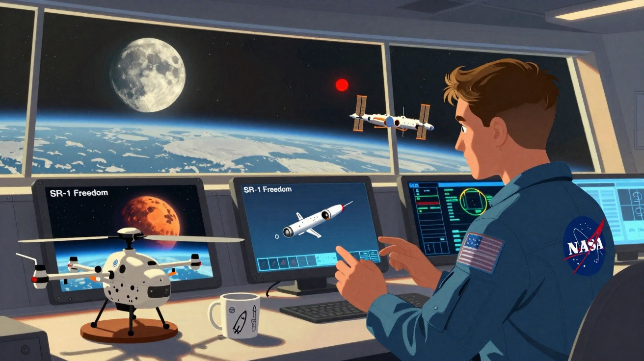 Astronauta na NASA controlando lançamento de foguete com Terra, Lua e Estação Espacial ao fundo.