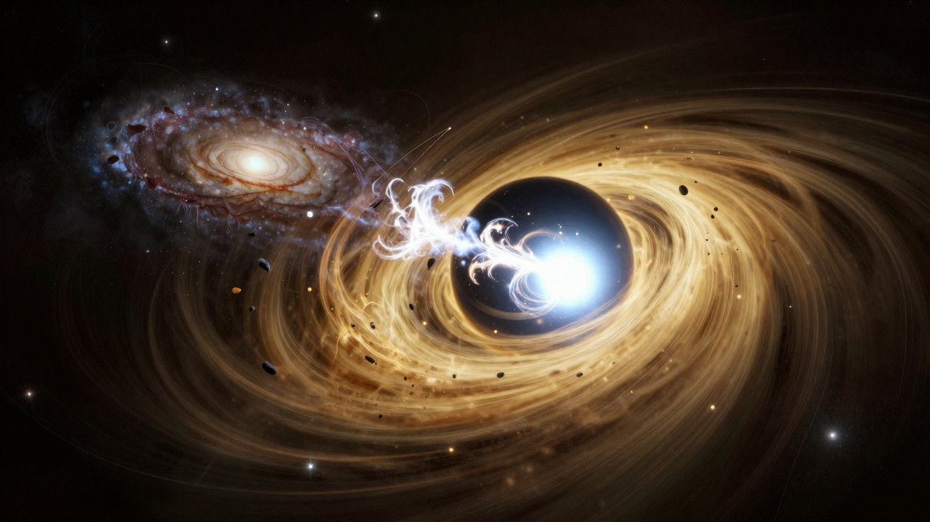 Buraco negro com disco de acreção brilhante e jato de energia no espaço, próximo a uma galáxia espiral distante.