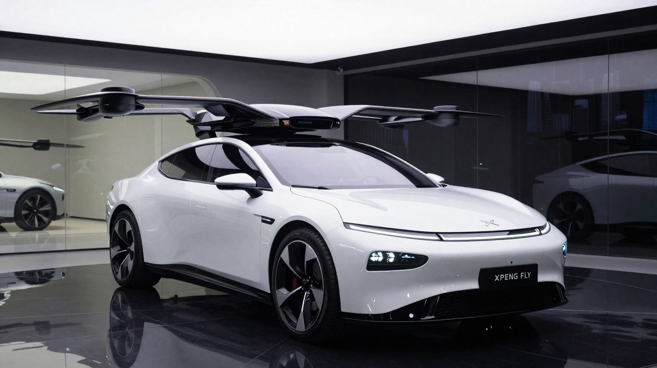 Carro elétrico branco XPeng Fly com asas de drone abertas, em showroom moderno com reflexo no piso.