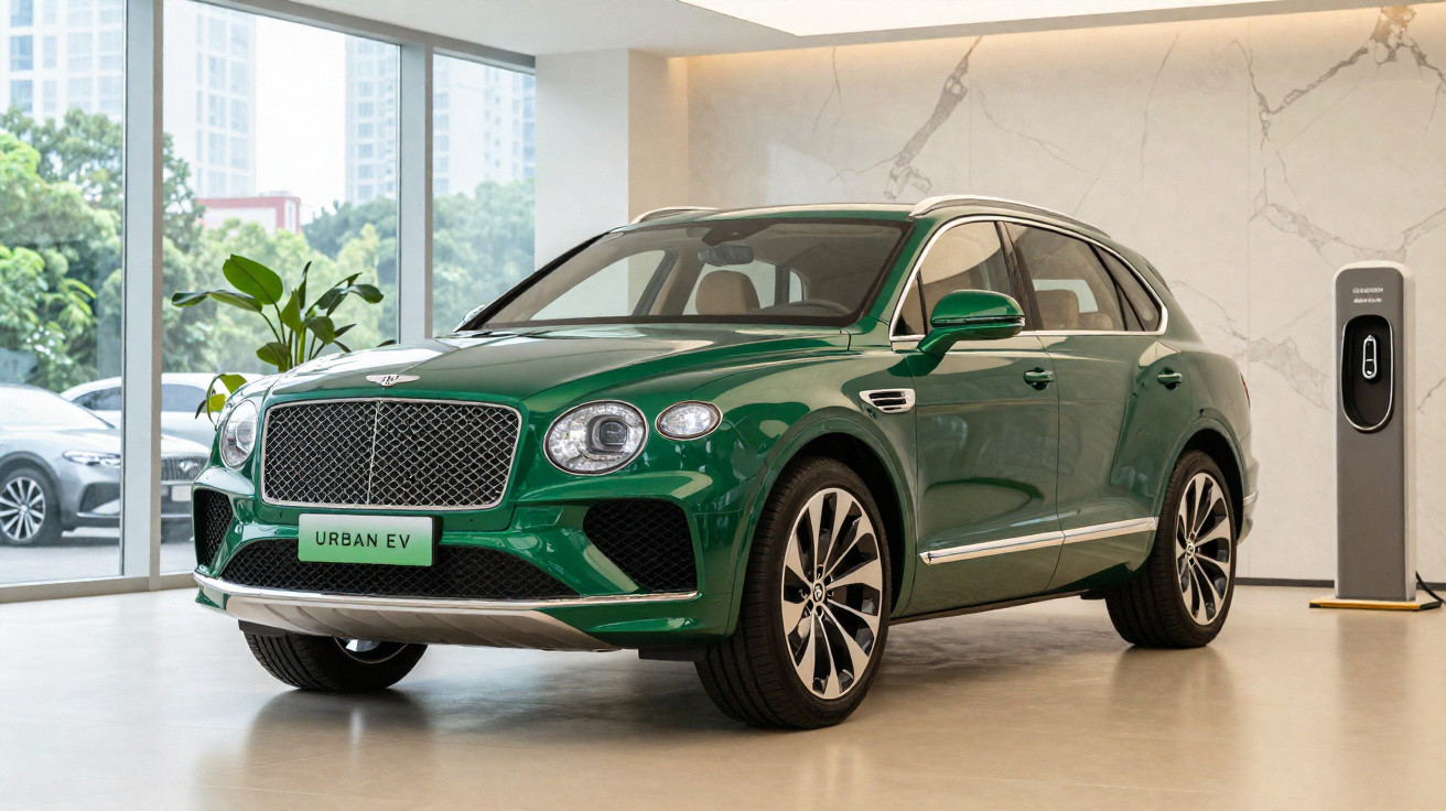 Carro elétrico verde Bentley Urban EV estacionado dentro de showroom moderno com carregador ao lado.