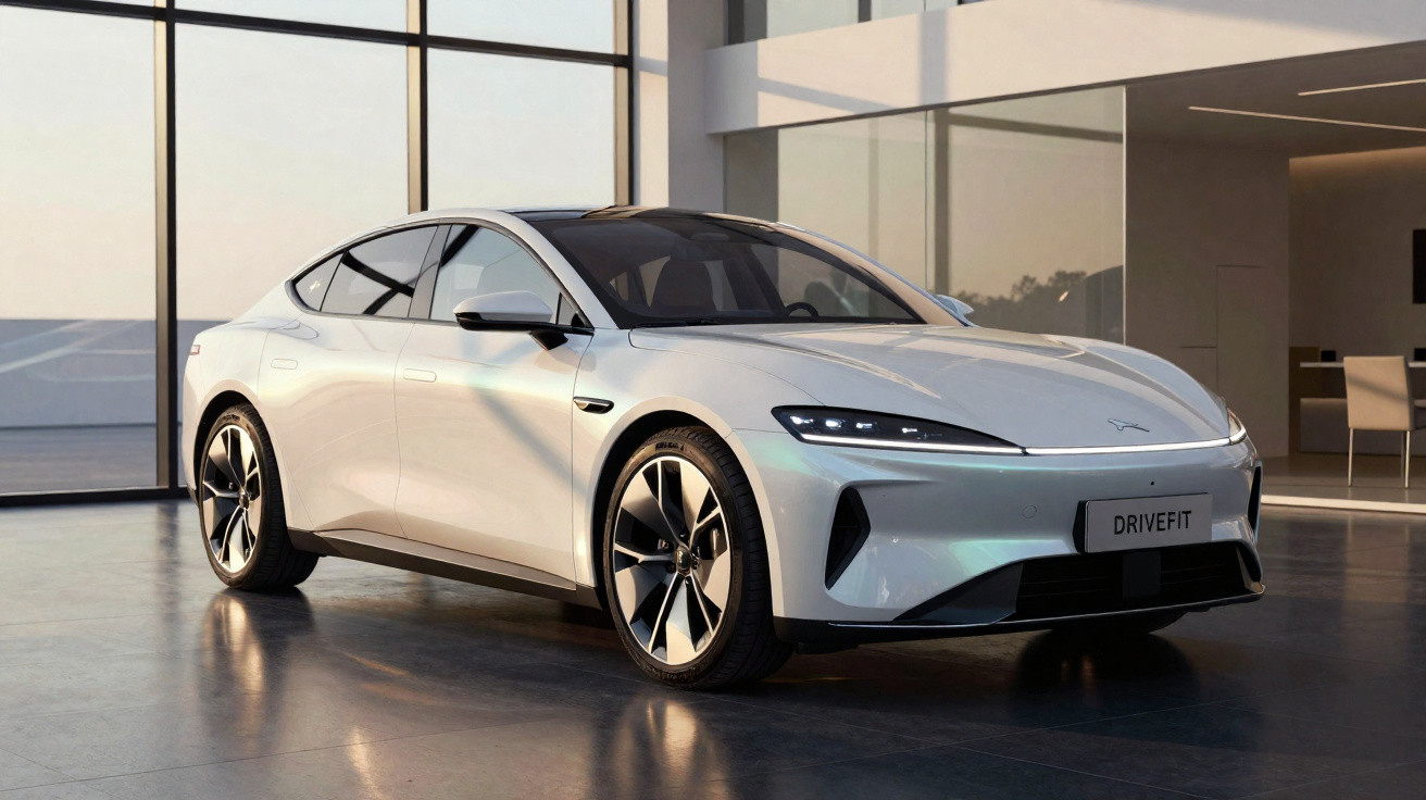 Carro elétrico branco moderno estacionado em ambiente interno com grandes janelas de vidro.