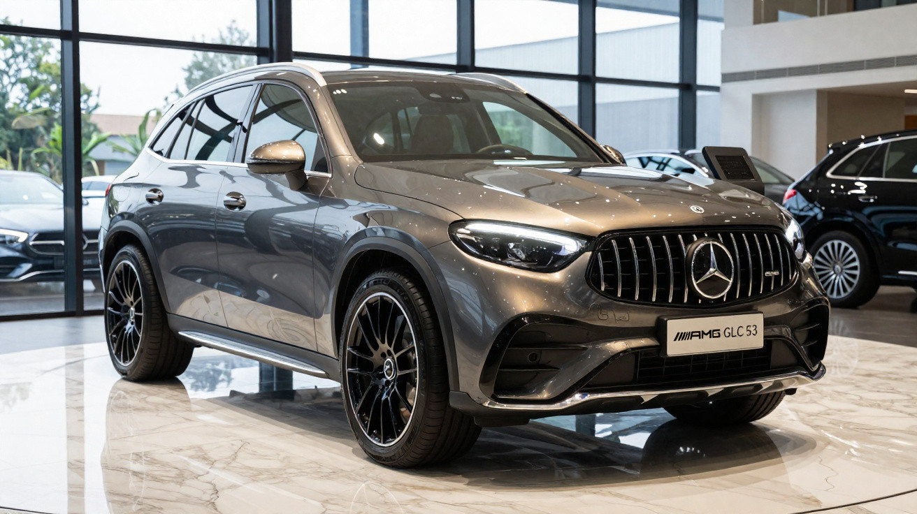 Carro SUV Mercedes-Benz AMG GLC 53 cinza em showroom com piso de mármore e janelas amplas atrás.