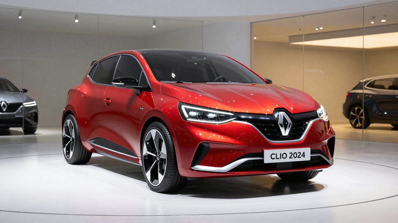 Carro vermelho Renault Clio 2024 exposto em ambiente moderno com espelhos e iluminação elegante.