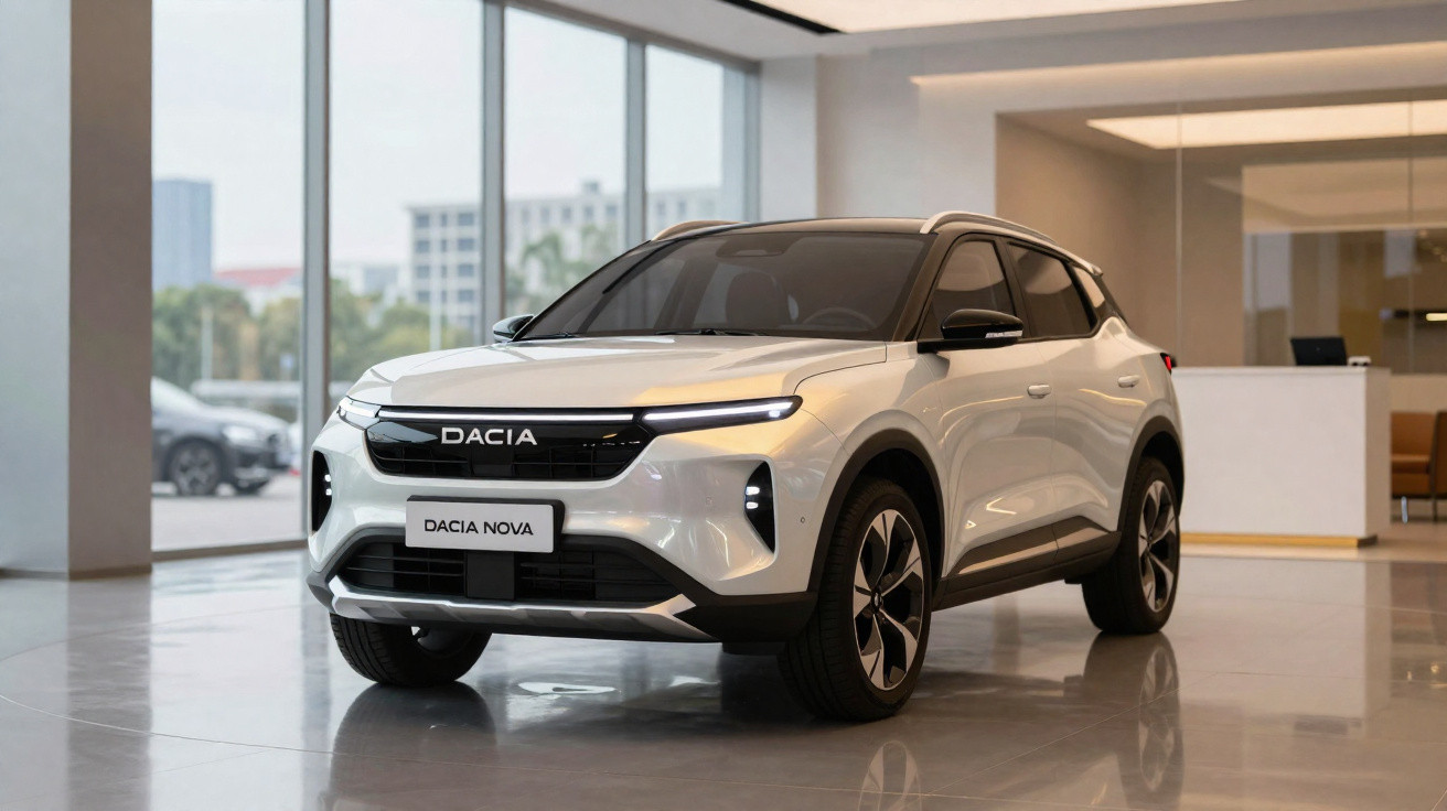 Carro Dacia Nova branco em showroom moderno com iluminação natural e detalhes em preto.