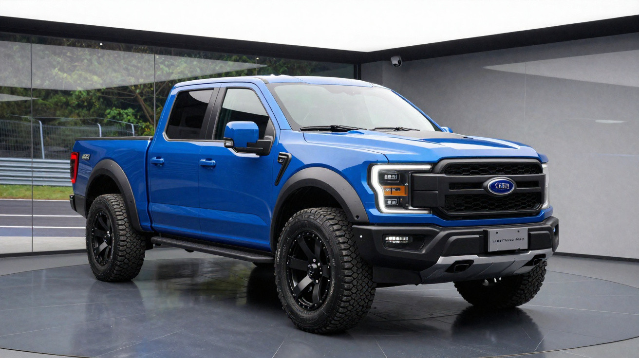 Picape azul Ford F-150 Lightning exibida em espaço interno moderno com piso cinza e paredes espelhadas.