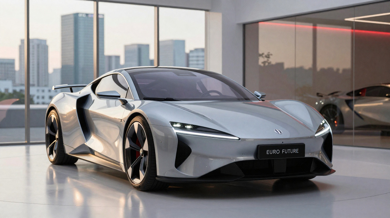 Carro esportivo cinza prateado futurista em showroom com grandes janelas e prédios ao fundo.