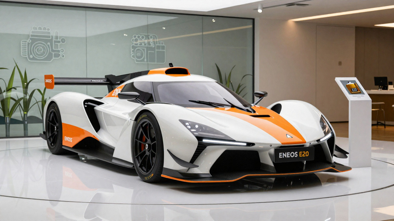 Carro de corrida branco e laranja ENEOS E20 exposto em sala moderna com piso brilhante.