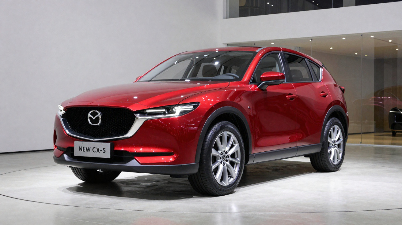 SUV Mazda CX-5 vermelho brilhante estacionado em ambiente interno moderno e iluminado.