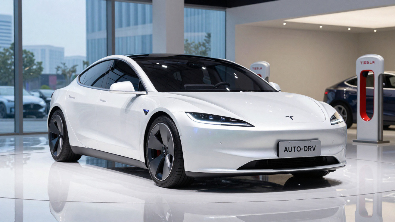 Carro elétrico branco Tesla Model S em showroom, com estações de carregamento ao fundo.