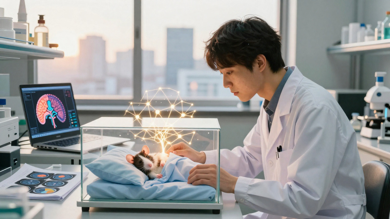 Cientista observa rato em caixa transparente, estudo de neurociência com holograma de cérebro em laboratório.