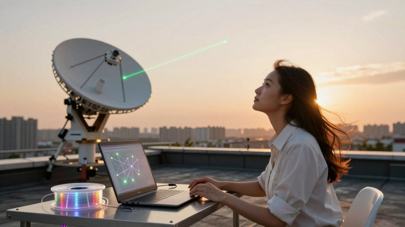 Mulher usando laptop ao ar livre com antena parabólica e fio de fibra óptica ao pôr do sol.
