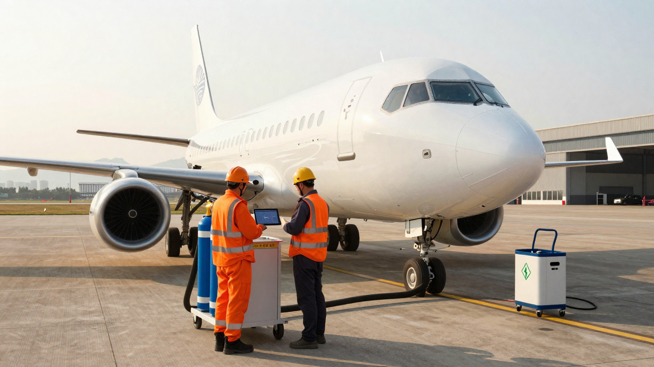 Dois trabalhadores com coletes e capacetes verificam equipamentos ao lado de avião branco no aeroporto.