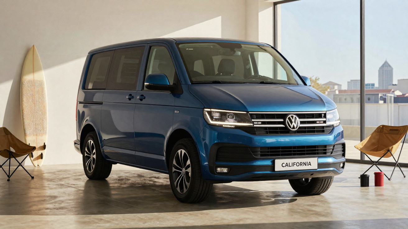 Furgão Volkswagen California azul estacionado em ambiente interno, com prancha de surf e cadeiras ao fundo.