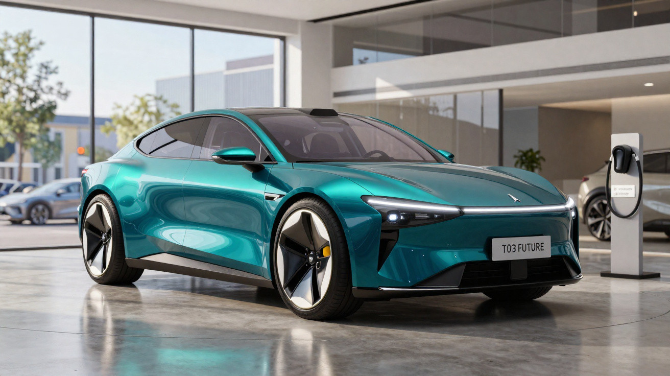 Carro elétrico esportivo azul estacionado em showroom moderno com estação de recarga ao lado.