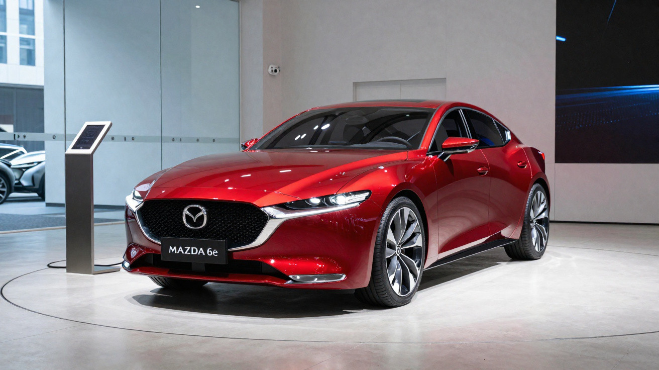 Carro Mazda 6e vermelho em exibição dentro de showroom moderno e iluminado.
