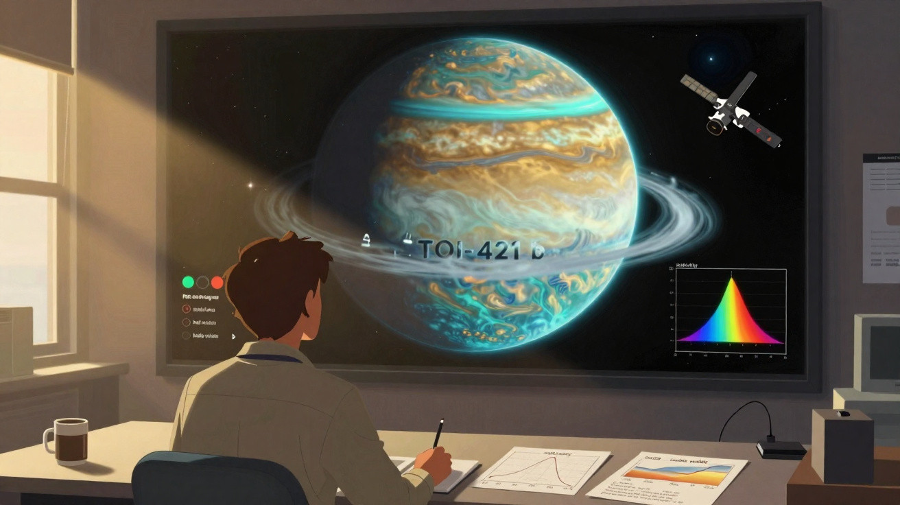 Pessoa estudando planeta com anéis em tela grande em sala iluminada, com gráficos e satélite exibidos.