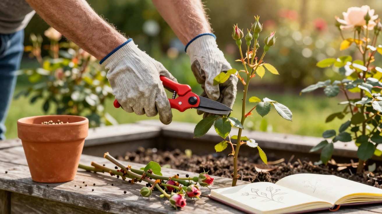 Pessoa podando roseira com tesoura de jardinagem, com luvas e caderno de anotações ao lado.