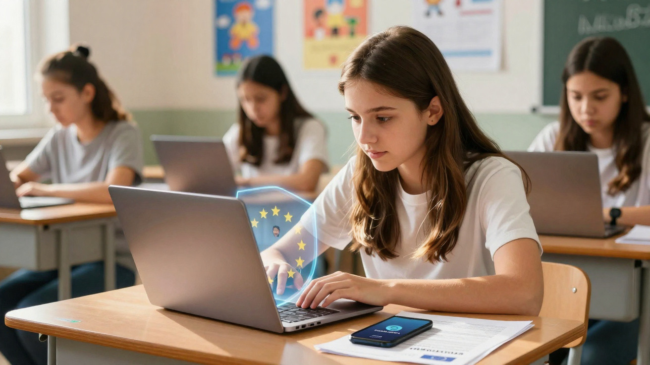 Jovem estudante usando laptop na sala de aula, com escudo digital da União Europeia sobre o teclado.