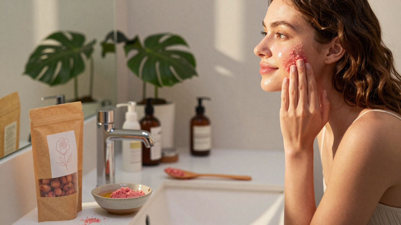 Mulher aplicando esfoliante facial rosa em um banheiro iluminado com plantas ao fundo.
