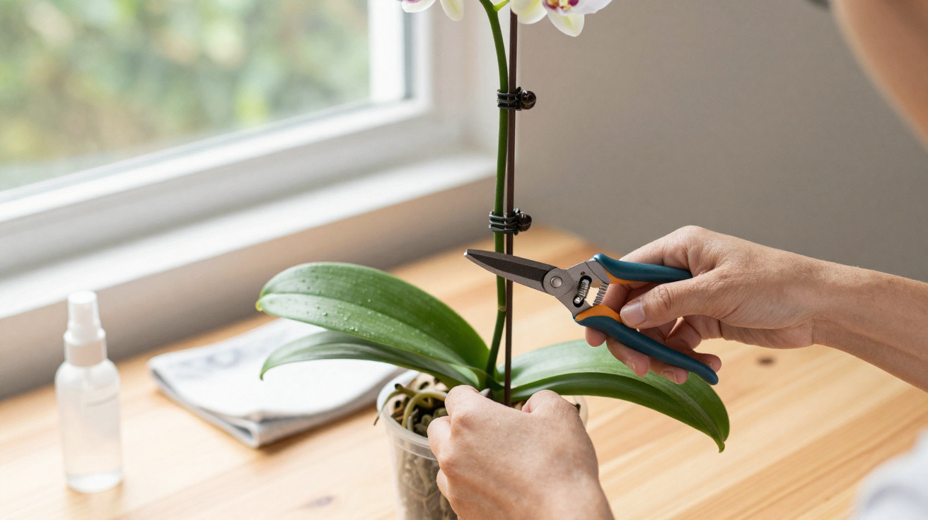 Pessoa podando orquídea com tesoura de jardinagem em vaso transparente sobre mesa de madeira.