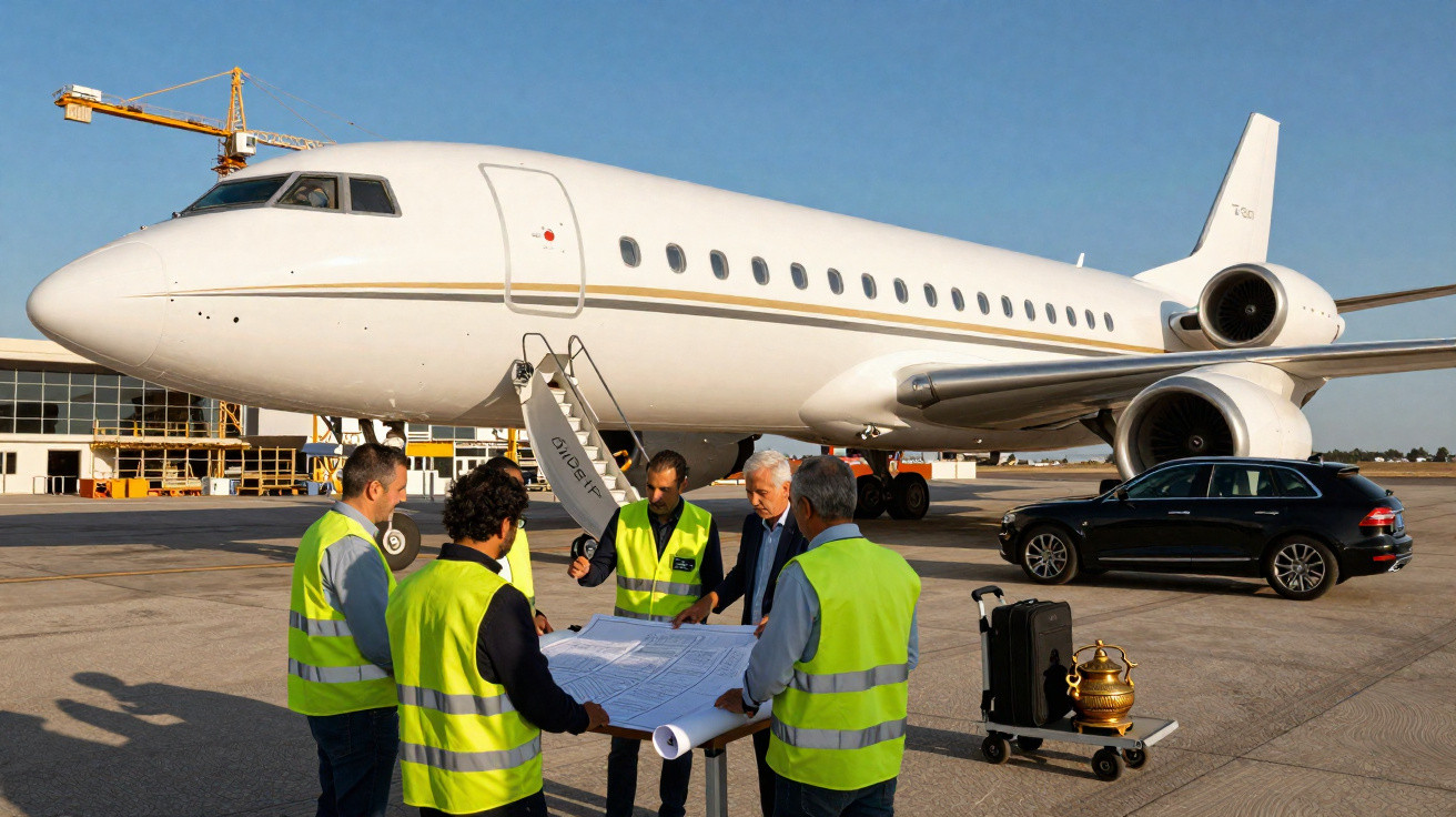 Quatro homens com coletes refletivos analisam plantas ao lado de jato executivo em pista de aeroporto.