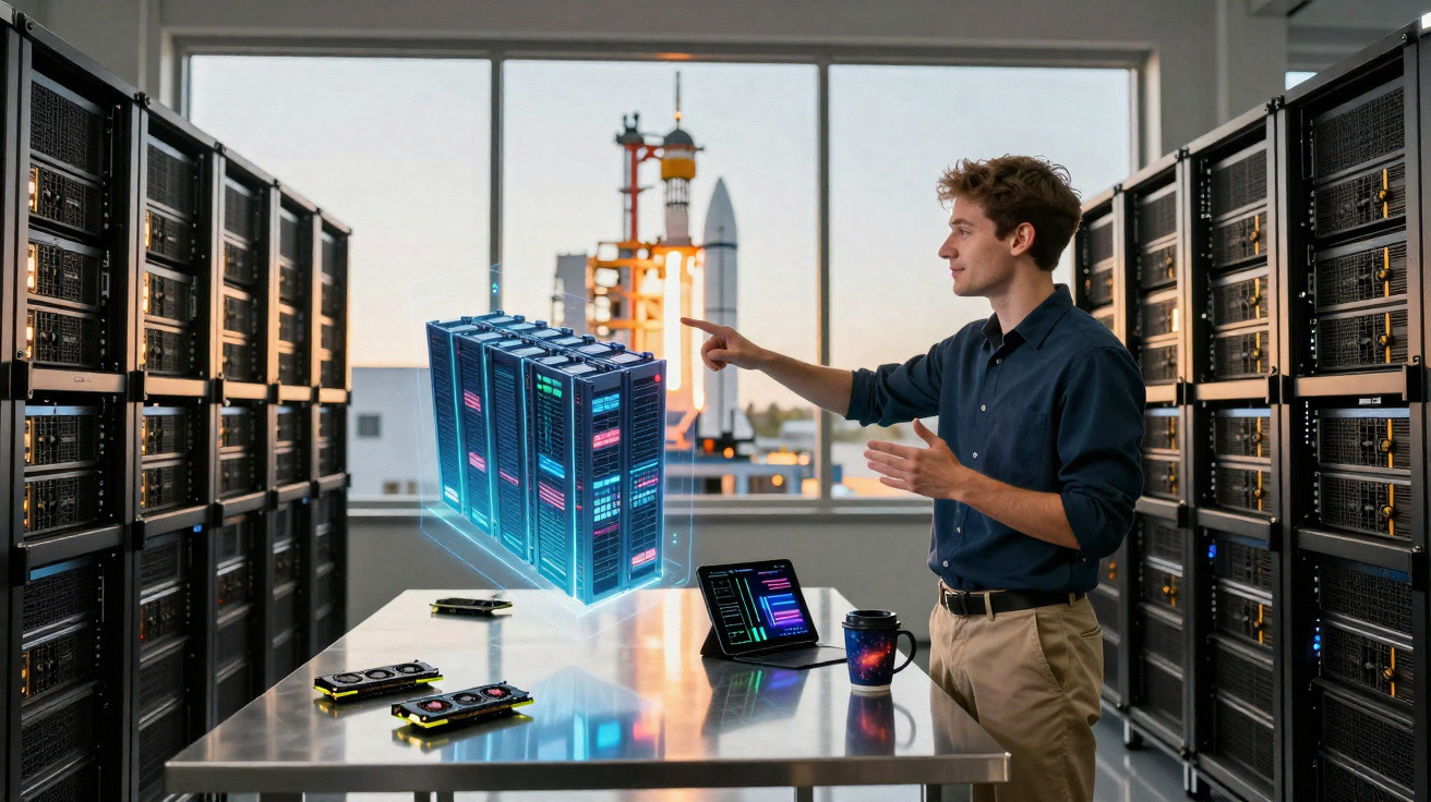 Homem interage com holograma de servidores em sala com racks e janela para lançamento espacial.