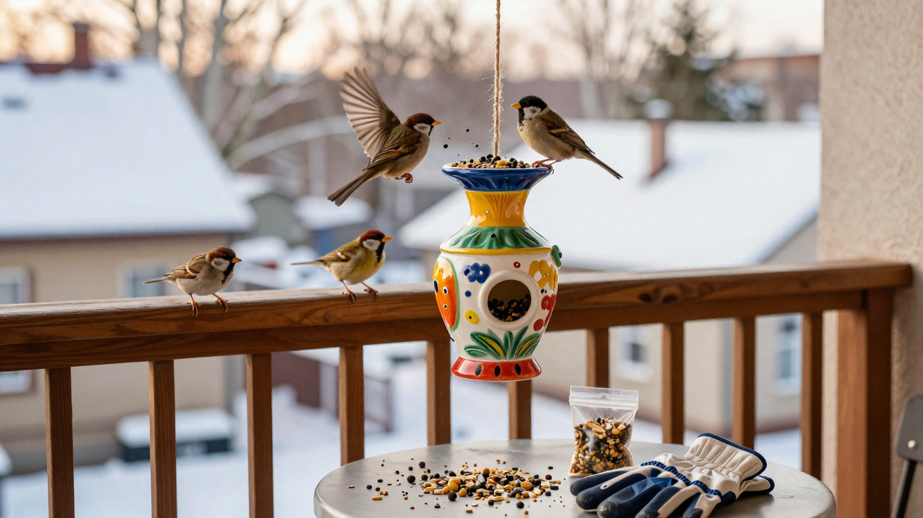Pássaros alimentando-se em um penduricalho colorido na varanda com neve ao fundo.