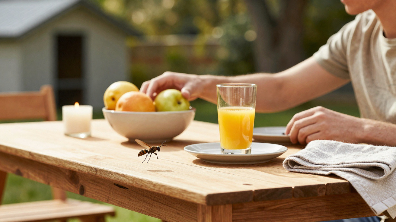 Vespa voando próxima a copo de suco de laranja em mesa de madeira com frutas e mão estendida.