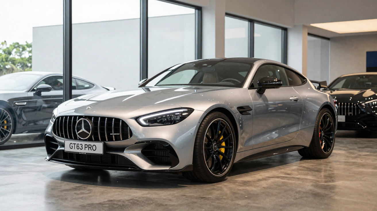 Carro esportivo Mercedes-Benz GT63 PRO prata exposto em showroom moderno com piso de concreto.