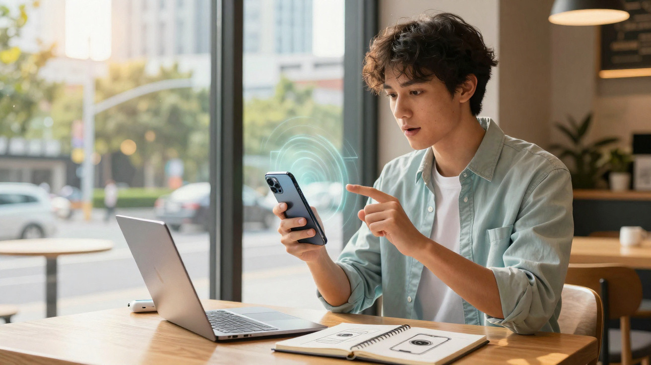Jovem sentado à mesa com notebook aberto, usando smartphone em ambiente iluminado com janelas grandes.