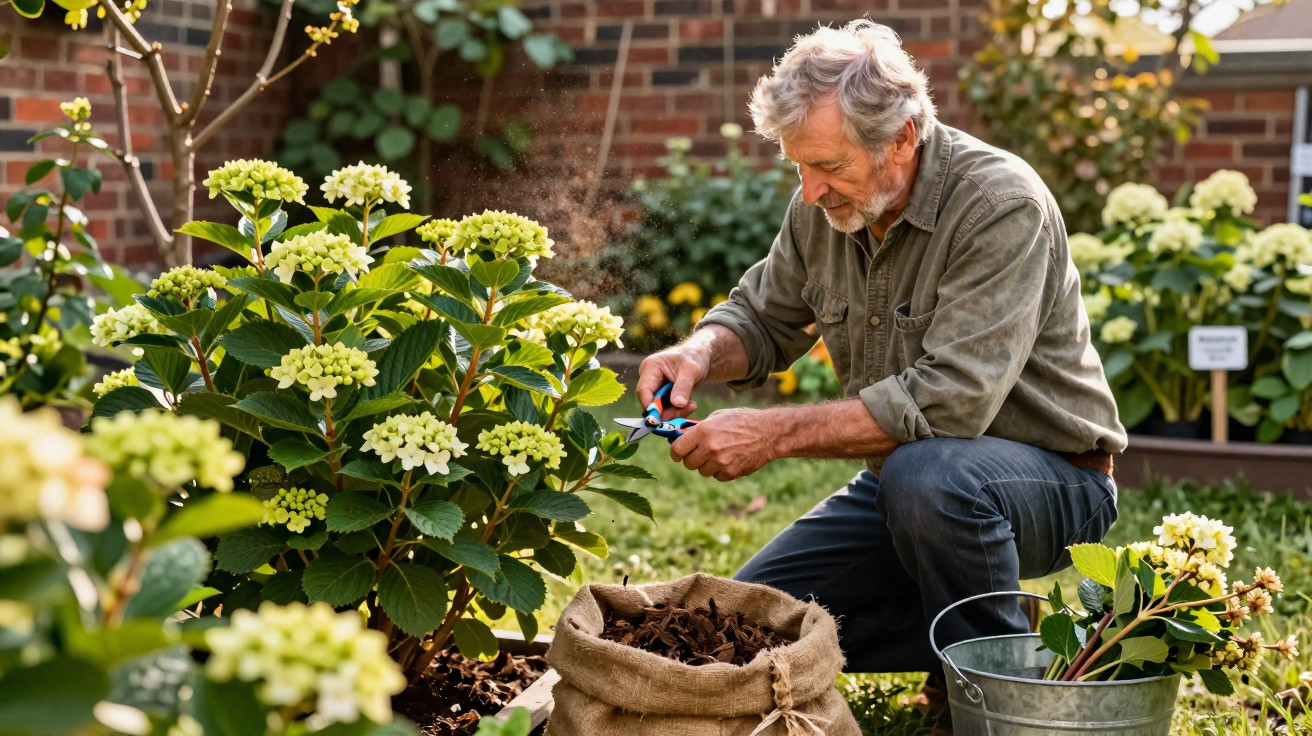 Homem idoso cuidando de flores em jardim, podando plantas com tesoura de jardim.
