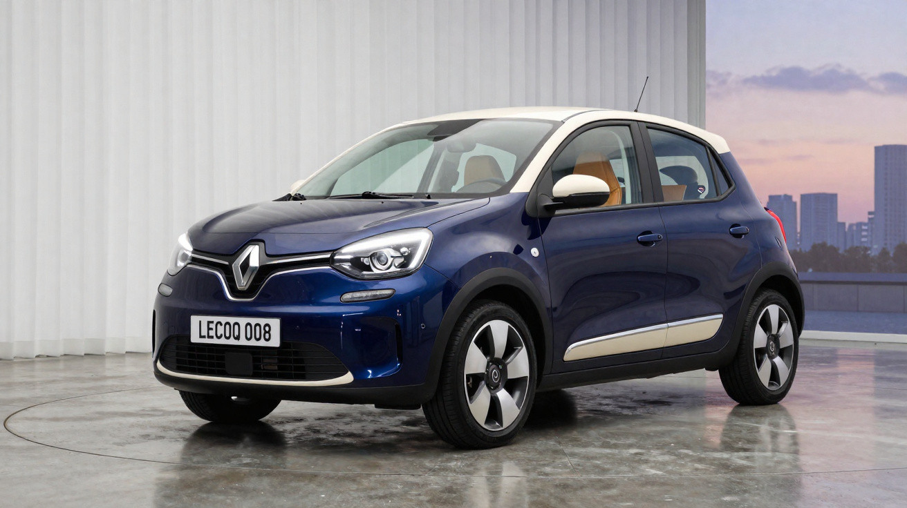 Carro compacto Renault Leqoq 008 azul com teto branco em ambiente interno moderno.