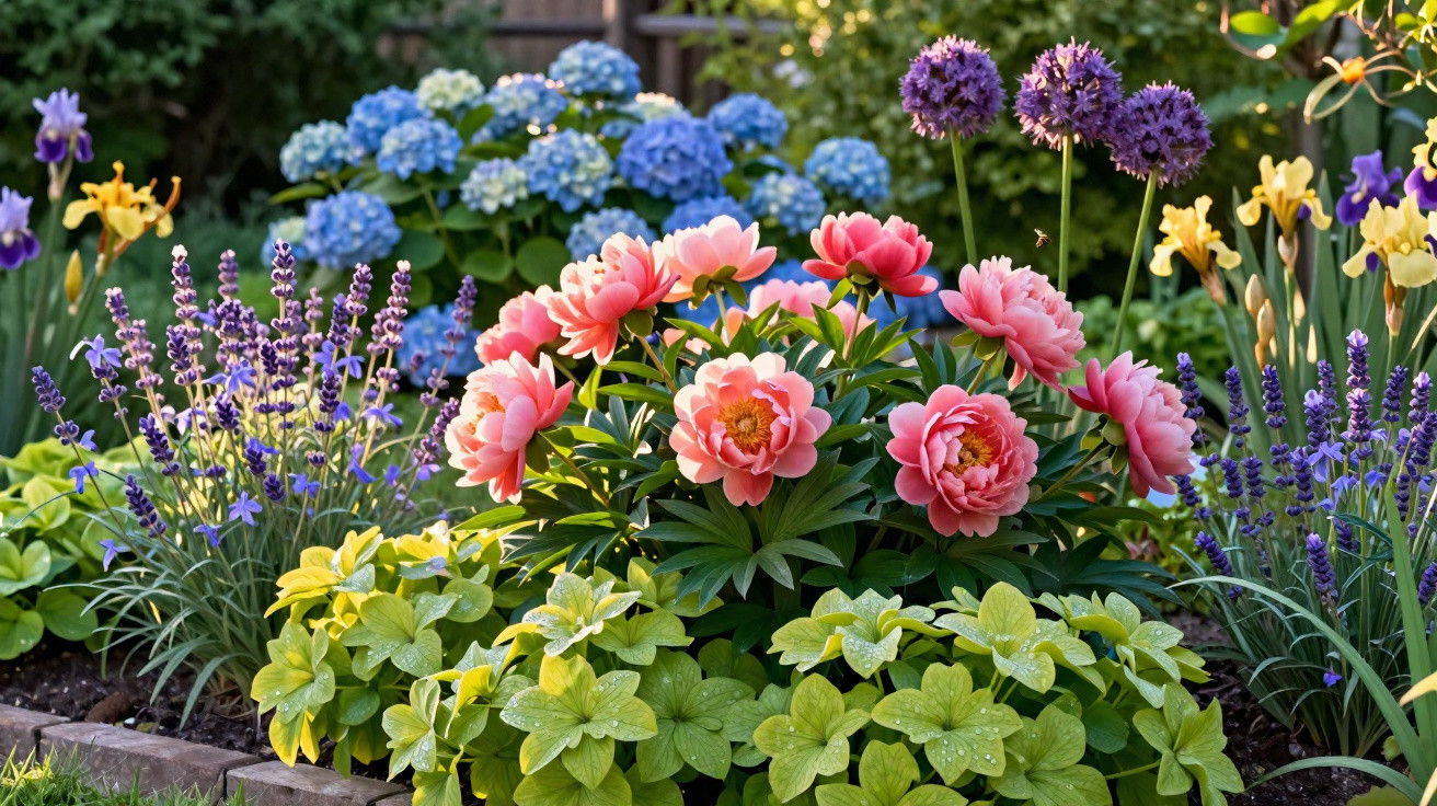 Jardim florido com peônias cor-de-rosa, lavandas roxas, hortênsias azuis e outras flores variadas.