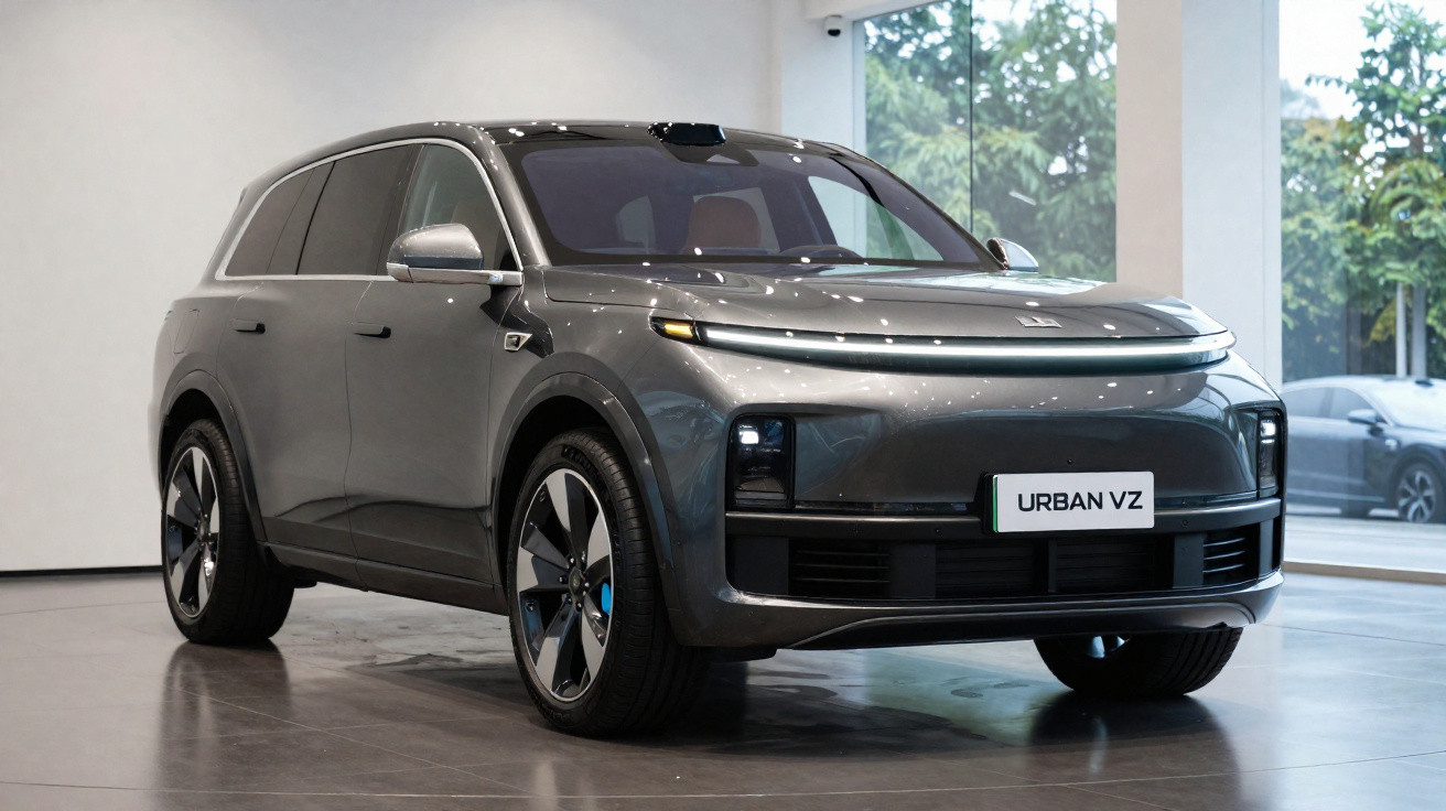 Carro elétrico SUV cinza Urban VZ exibido em showroom moderno com piso refletivo e paredes brancas.