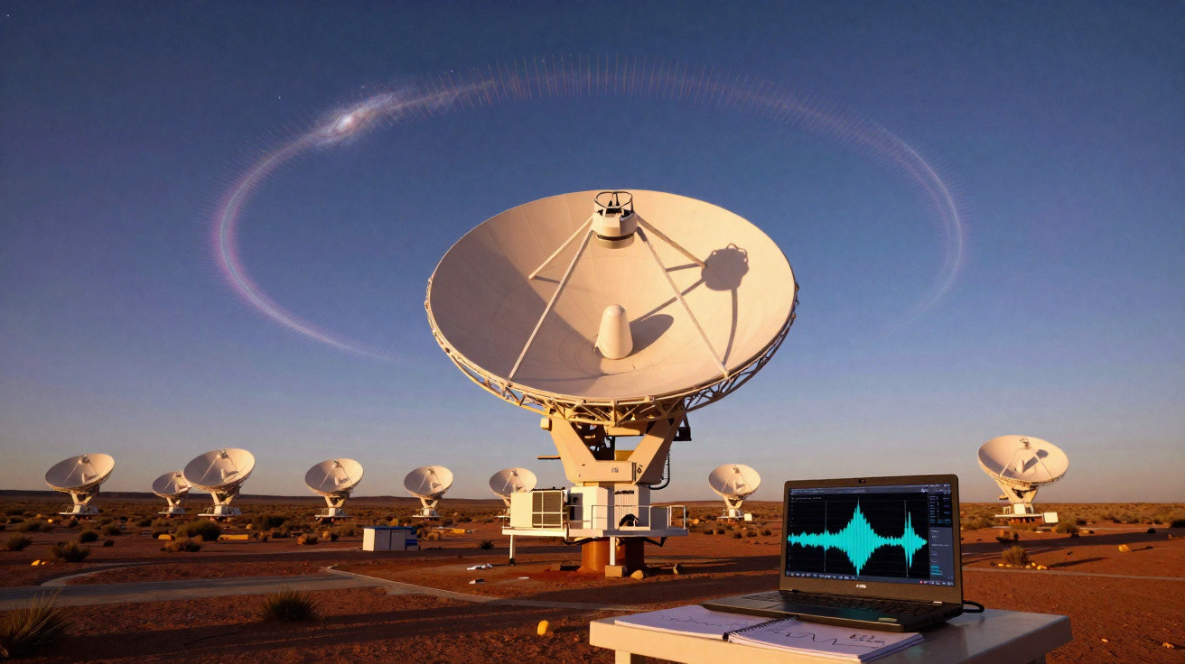 Antenas parabólicas em deserto com laptop exibindo gráfico de ondas sonoras em céu azul.