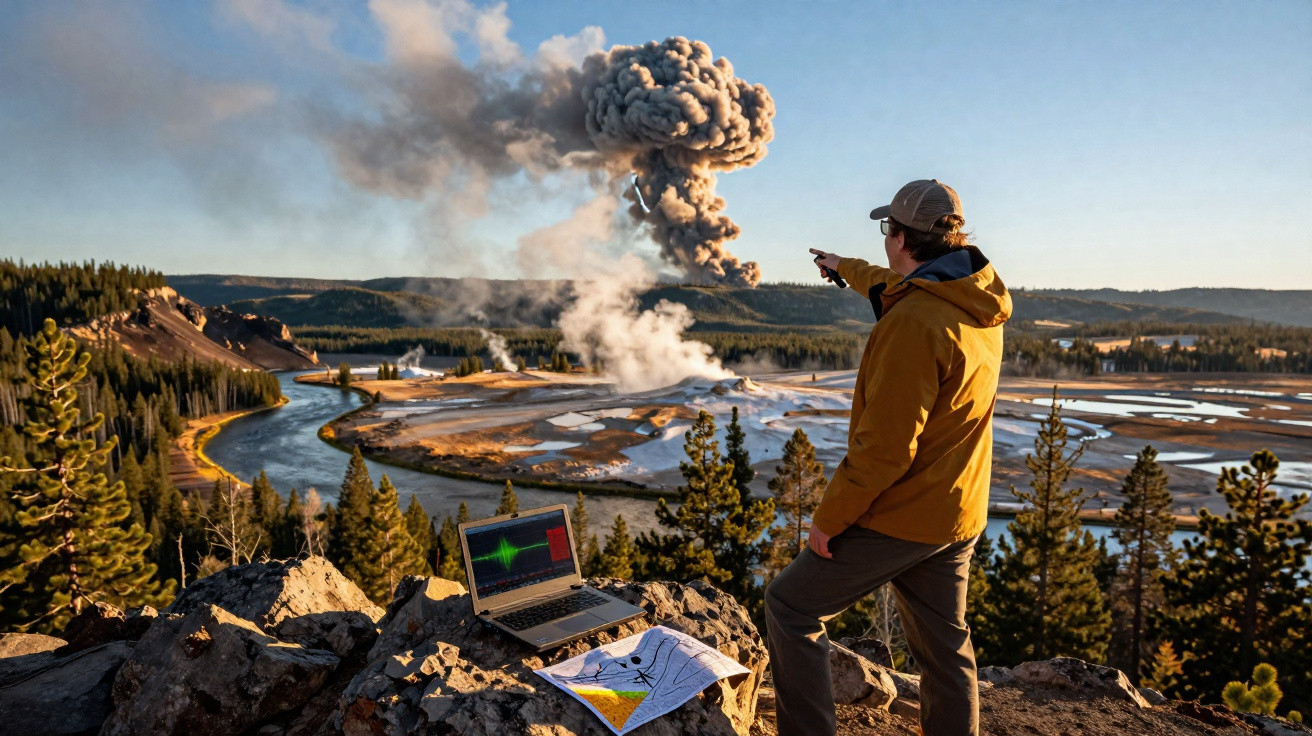 Pessoa de jaqueta amarela observa erupção vulcânica com laptop e mapa sobre pedras, cercada por árvores e rio.