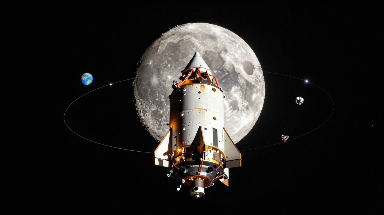 Foguete espacial com destaque para a Lua ao fundo e a Terra em órbita, cenário no espaço escuro.