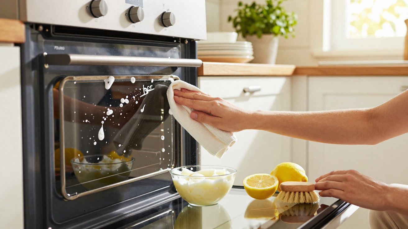 Mão limpando vidro do forno com pano branco, escova e limões sobre a bancada da cozinha.