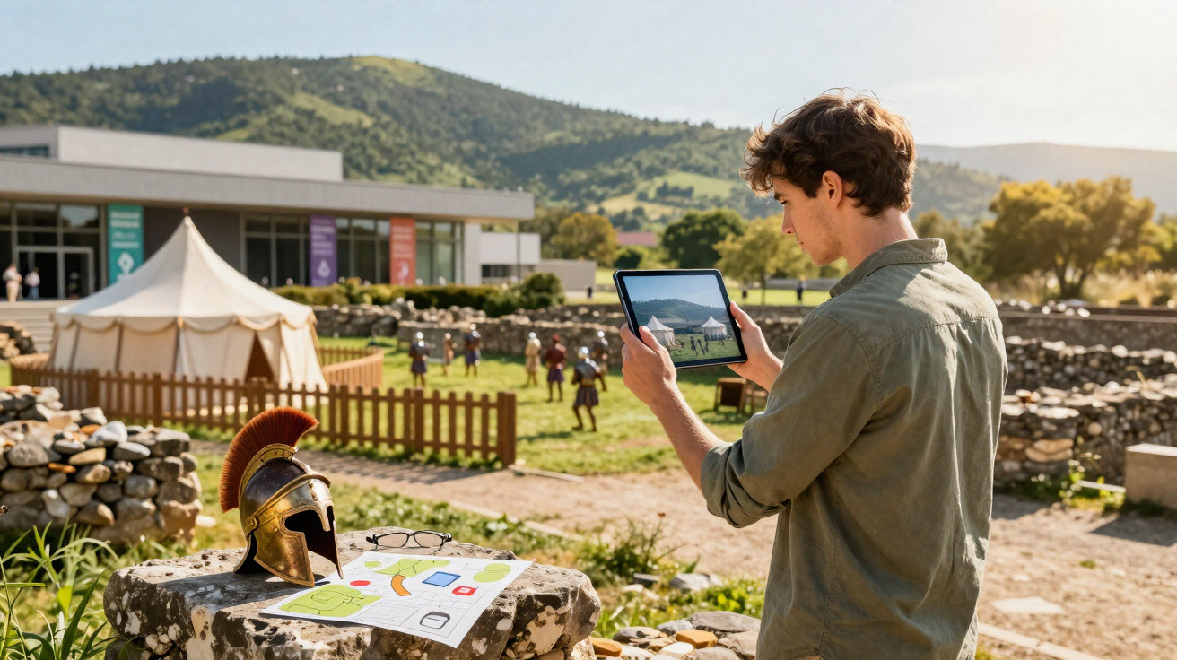 Jovem usando tablet visita sítio arqueológico com capacete antigo e planta sobre pedra ao ar livre.