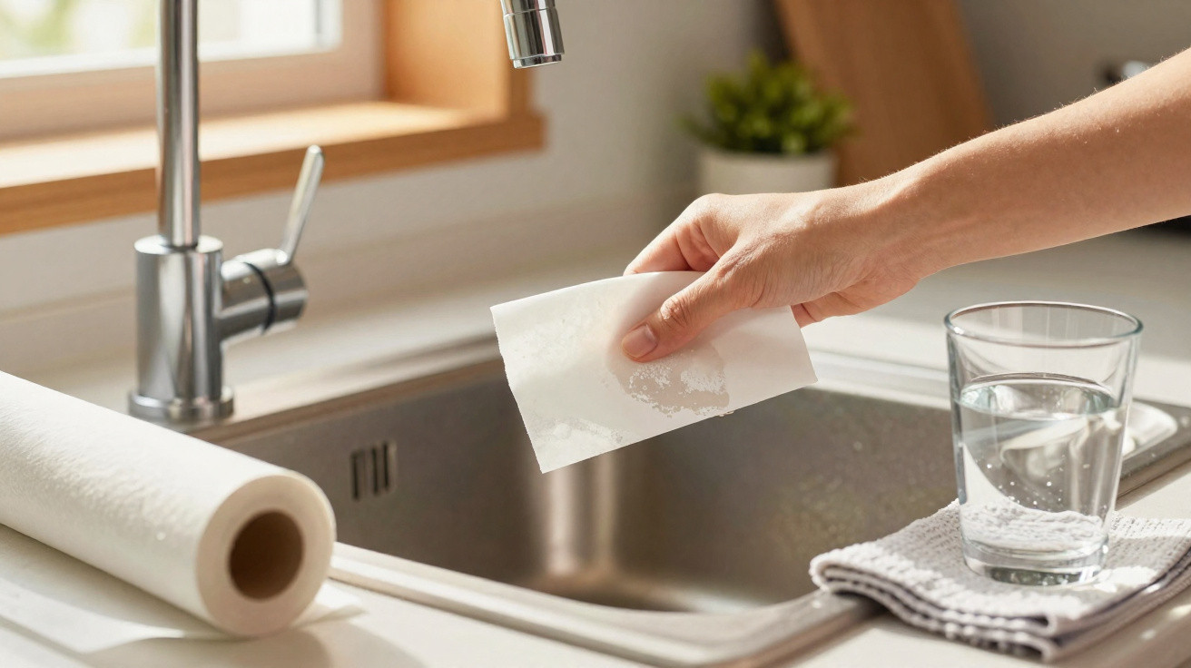 Mão segurando lenço umedecido sobre pia de cozinha com papel toalha, copo com água e pano.