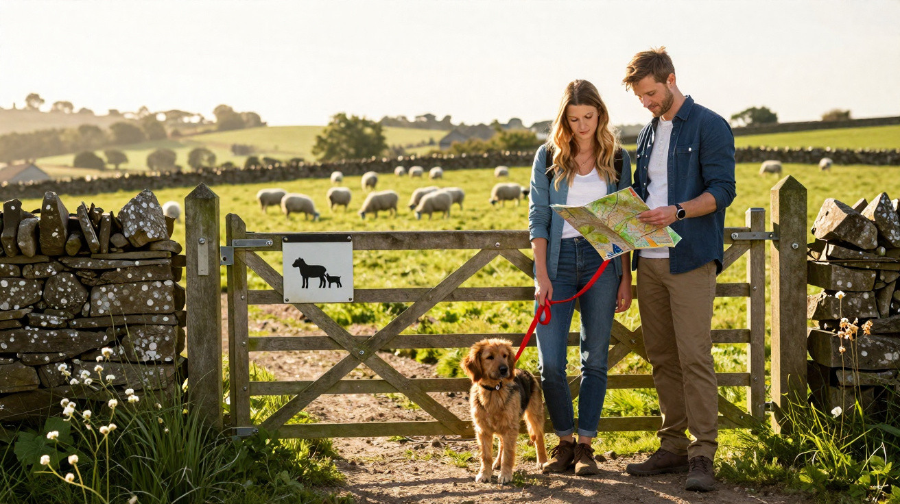 Casal com cachorro em coleira consulta mapa em portão de fazenda com ovelhas ao fundo.