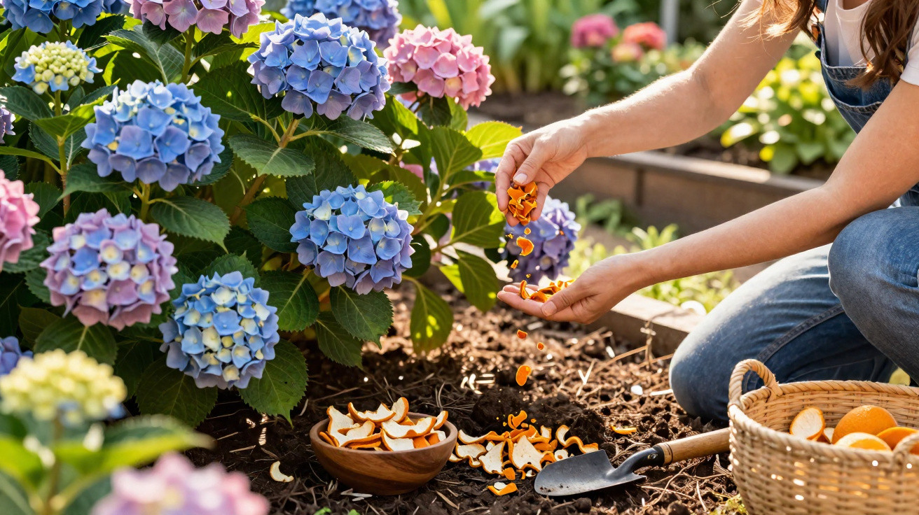 Pessoa regando plantas de hortênsias com cascas de laranja em jardim ensolarado.