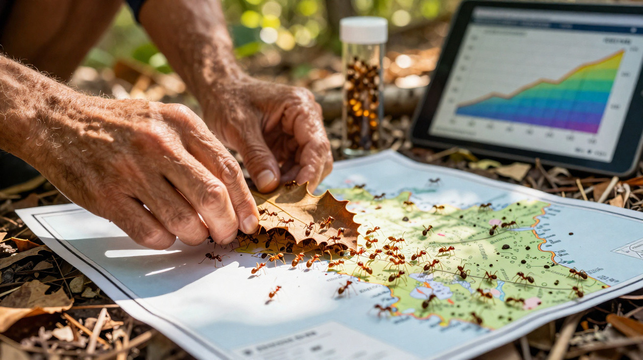 Mãos humanas interagindo com um mapa sobre o qual formigas cortadeiras carregam uma folha seca, junto a tablet com gráfico.