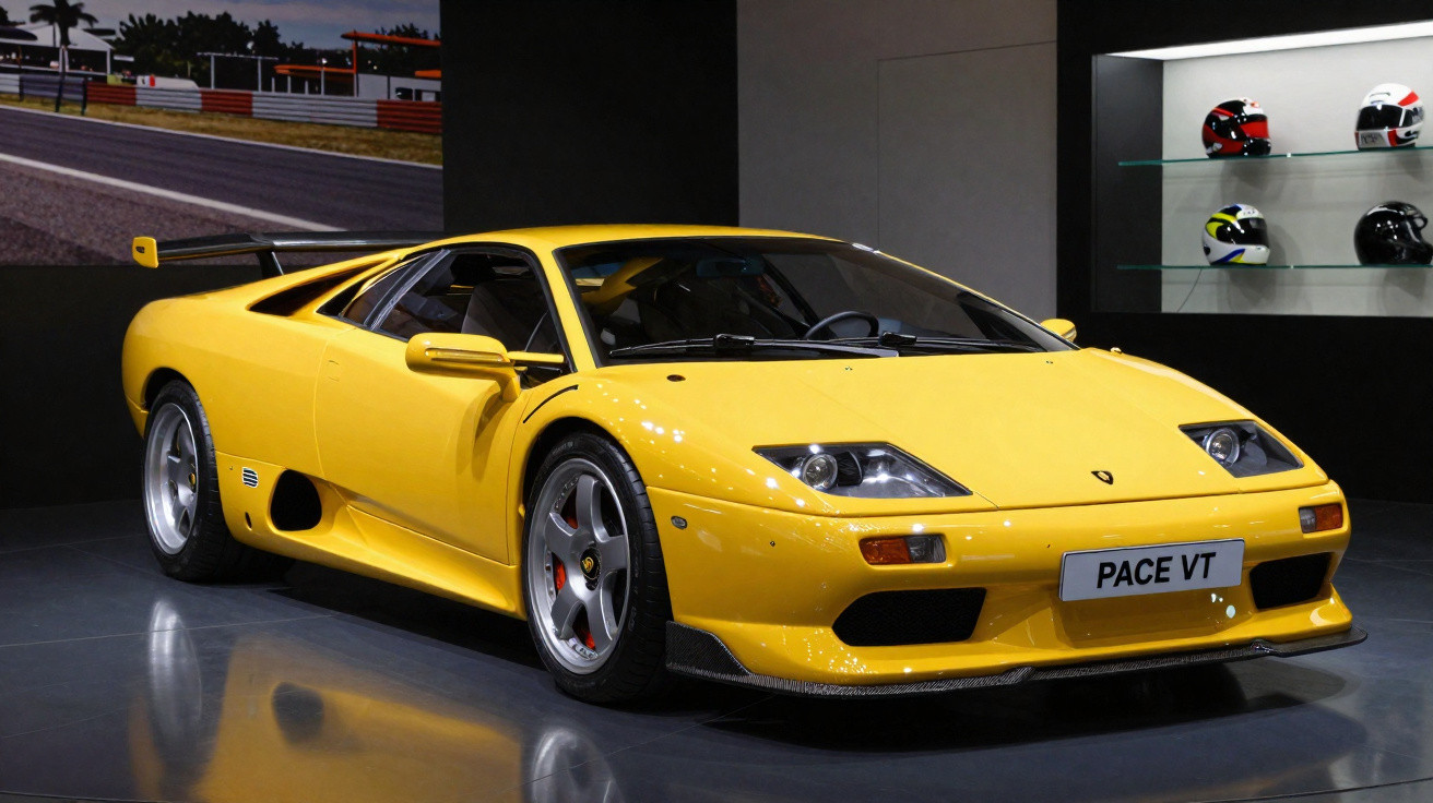 Carro esportivo amarelo Lamborghini Diablo VT estacionado em ambiente interno com capacetes ao fundo.