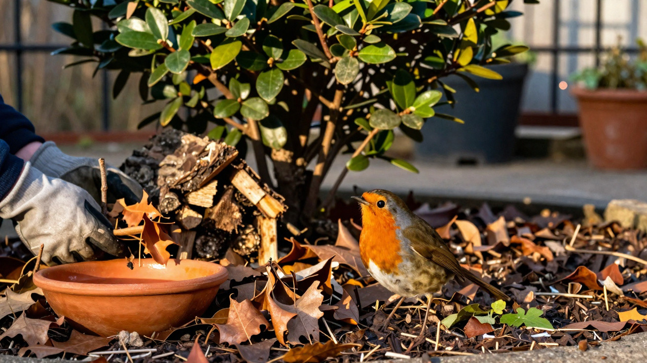 Pássaro com peito laranja no chão coberto de folhas secas próximo a pessoa com luvas e vaso de barro.